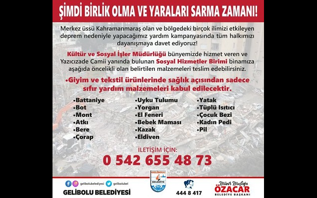Gelibolu Belediyesi Deprem Yardım Kampanyası